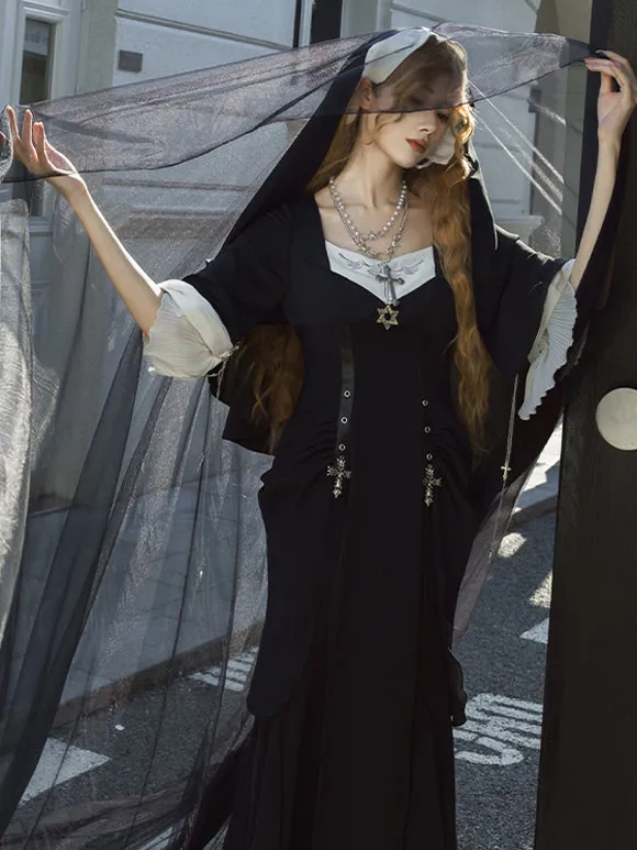 Nun Aesthetics Dark Gothic Lolita Dress Nun Style Gothic Lolita Dresses Metal Details Ruched Cross