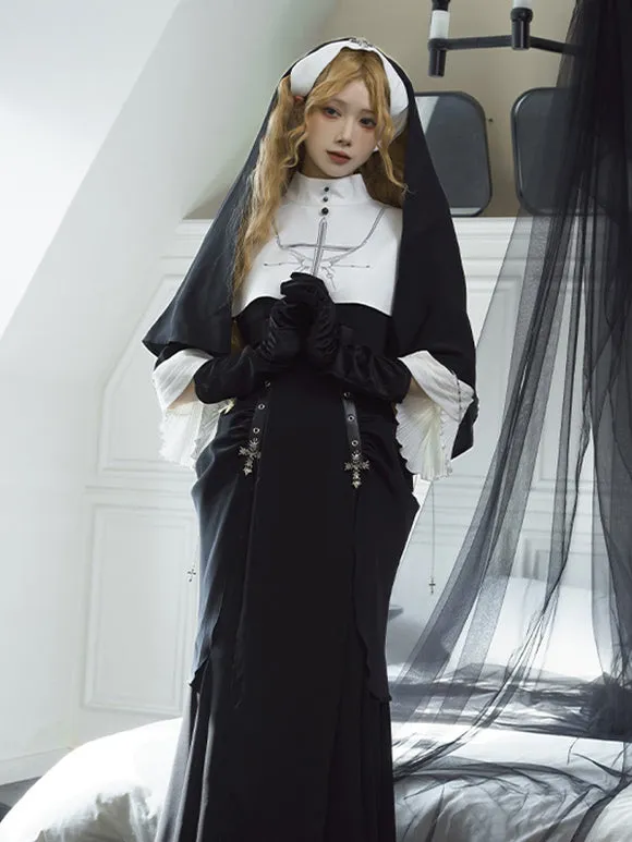 Nun Aesthetics Dark Gothic Lolita Dress Nun Style Gothic Lolita Dresses Metal Details Ruched Cross