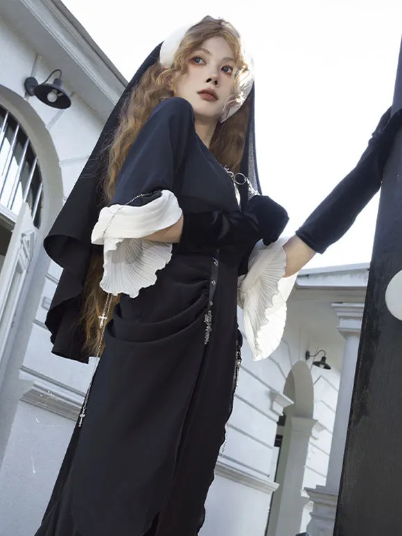 Nun Aesthetics Dark Gothic Lolita Dress Nun Style Gothic Lolita Dresses Metal Details Ruched Cross