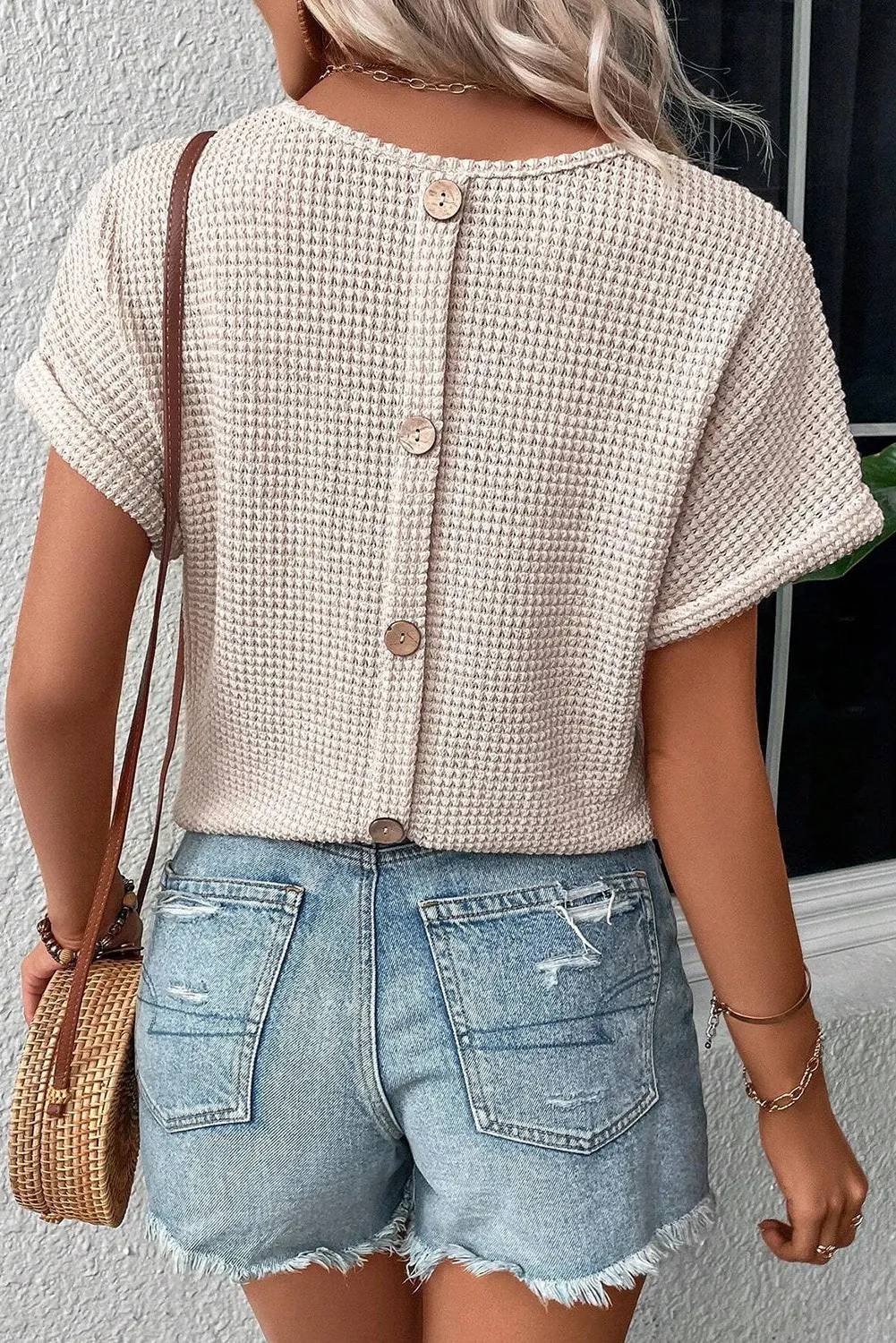 Oatmeal Textured Knit Button Back Batwing Sleeve Top