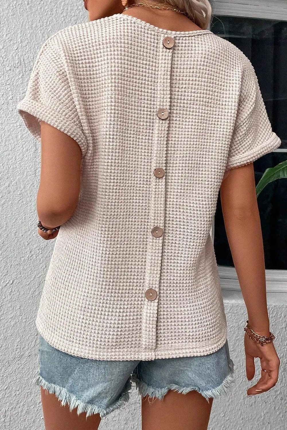 Oatmeal Textured Knit Button Back Batwing Sleeve Top