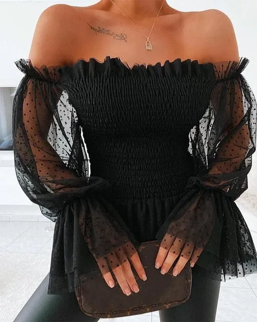 Off Shoulder Blouse with Sheer Dotted Sleeves