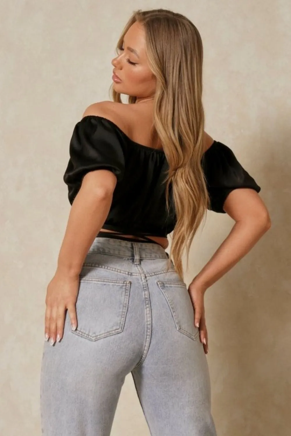 Off Shoulder Short Sleeve Black Top