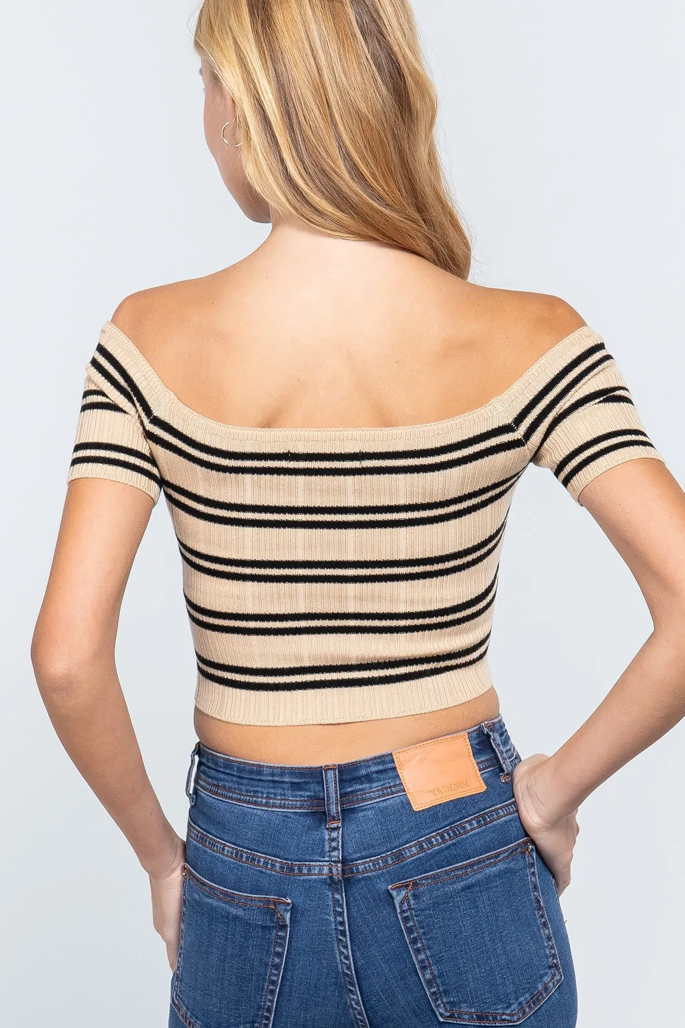 Off Shoulder Stripe Rib Sweater Top