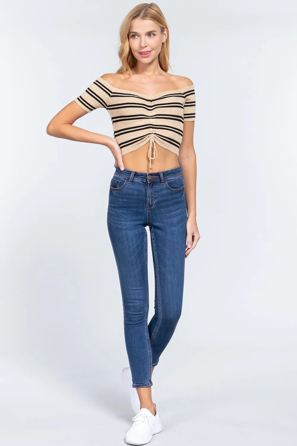Off Shoulder Stripe Rib Sweater Top