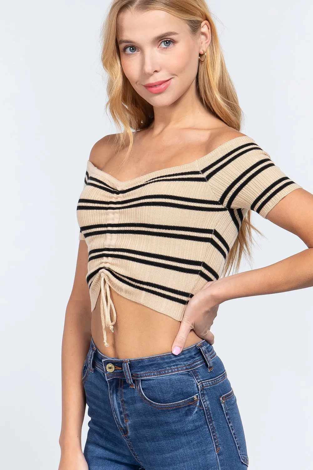 Off Shoulder Stripe Rib Sweater Top