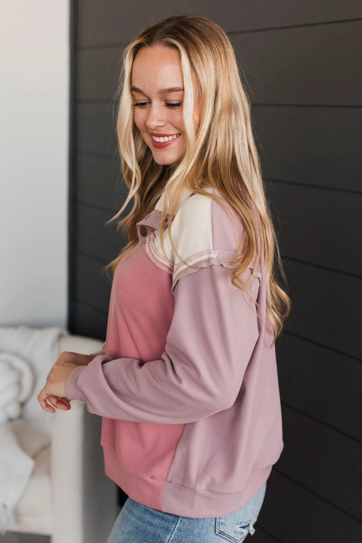 Off The Charts Color Block Top- Mauve & Cream