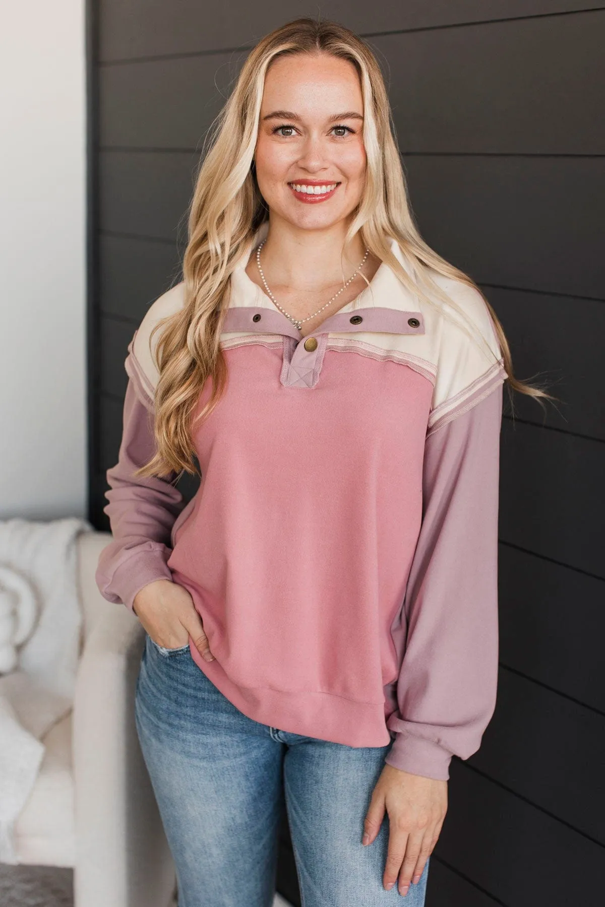 Off The Charts Color Block Top- Mauve & Cream