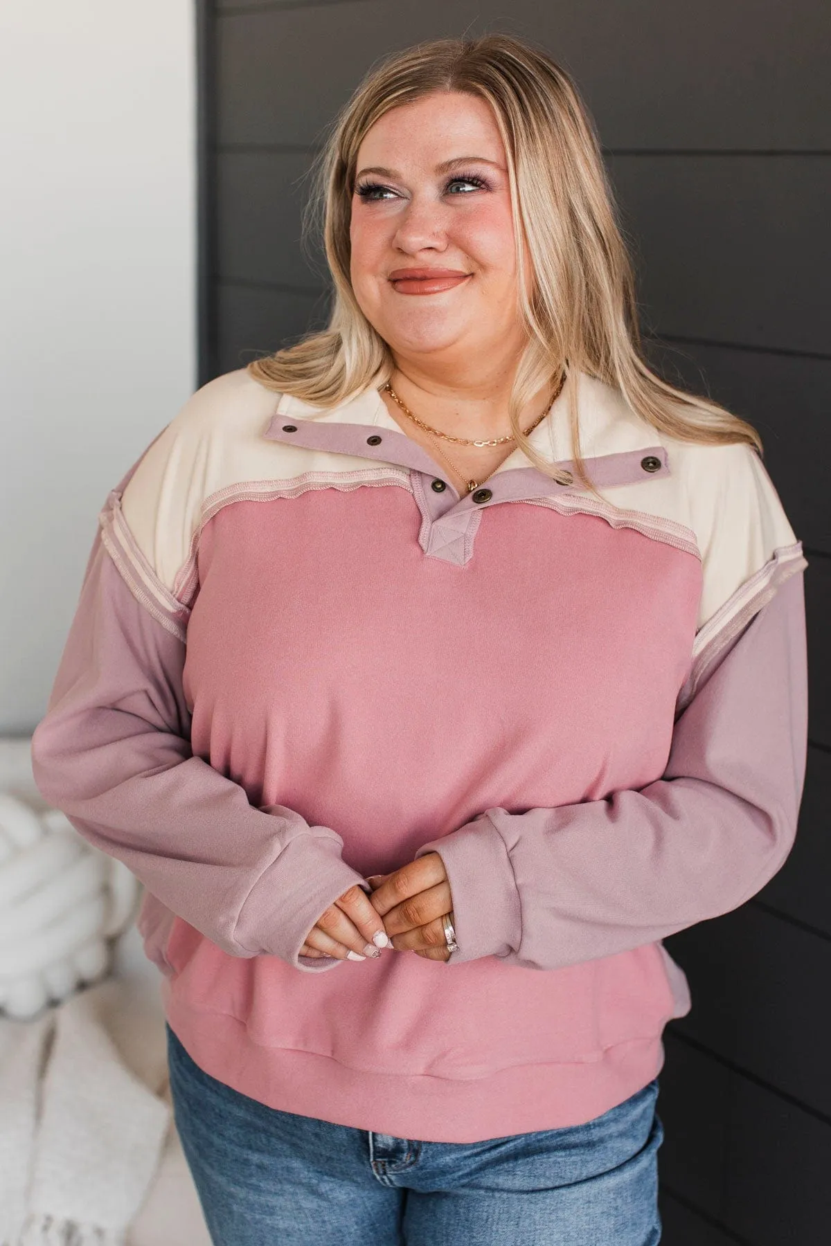 Off The Charts Color Block Top- Mauve & Cream