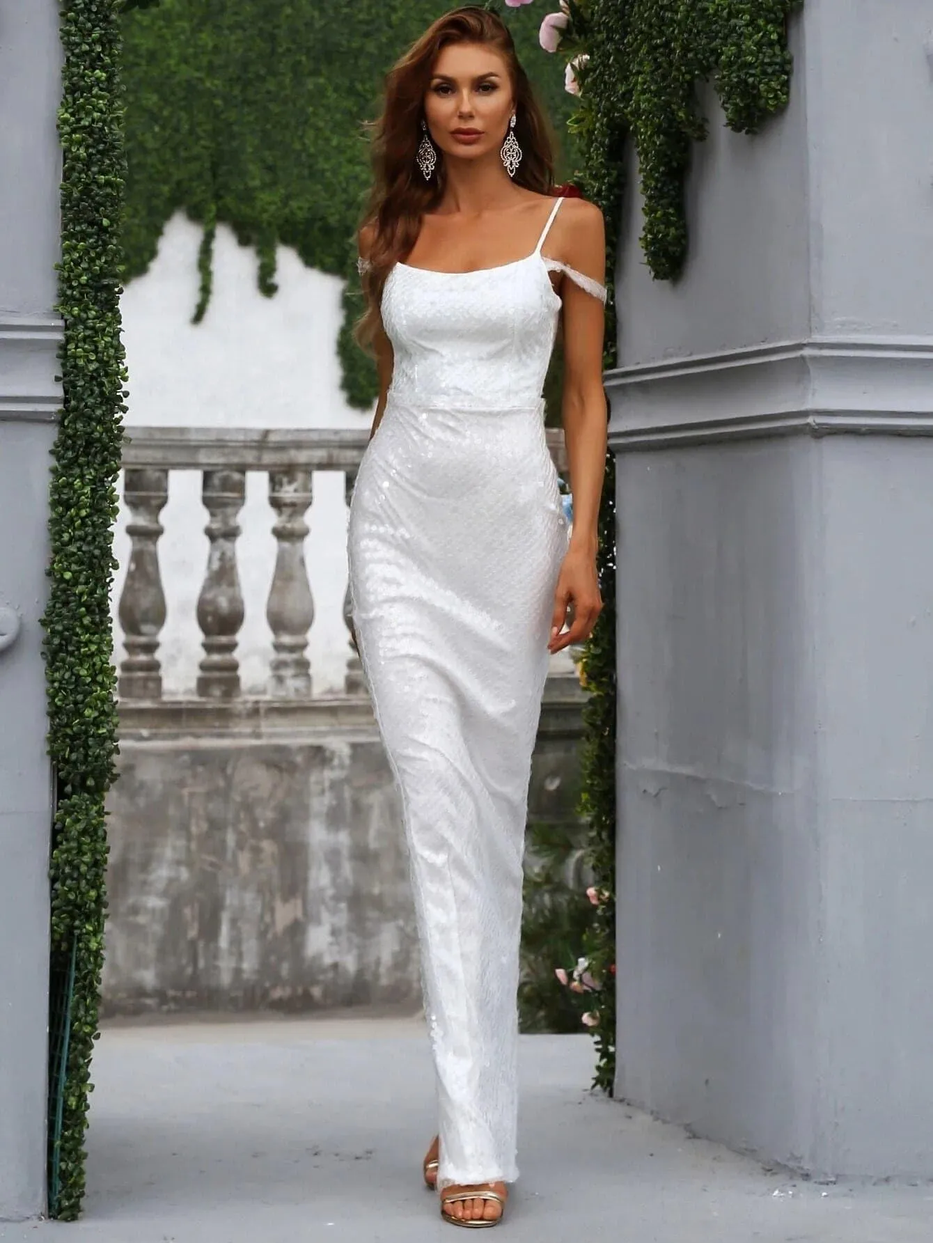 Off The Shoulder White Maxi Sequin Dress XJ213