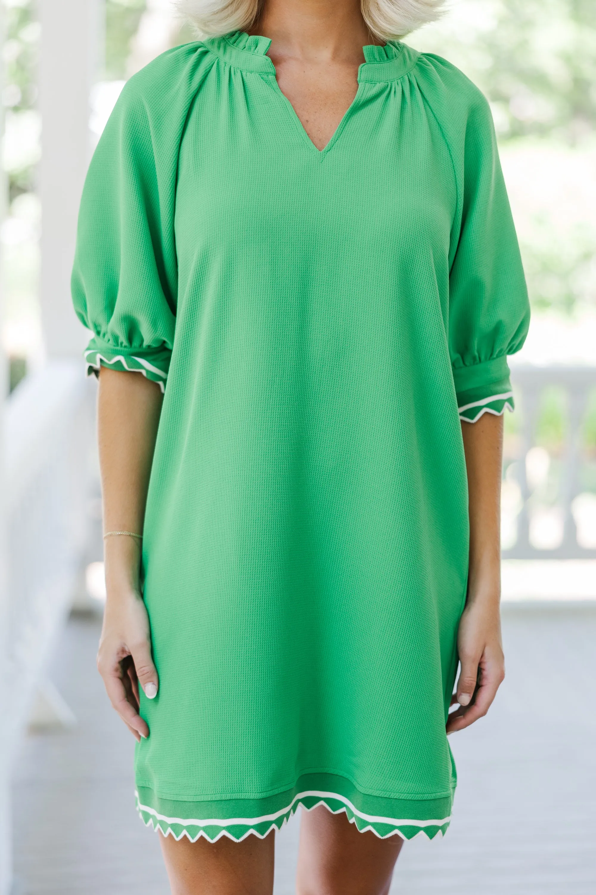 On Your Side Green Scalloped Shift Dress