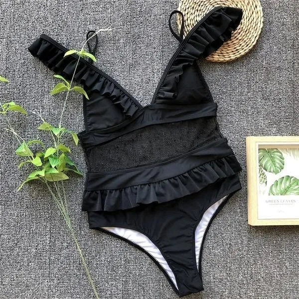 One piece bodysuit female Deep v neck see through bikini playsuit B031