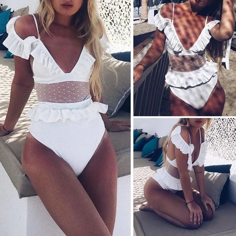 One piece bodysuit female Deep v neck see through bikini playsuit B031