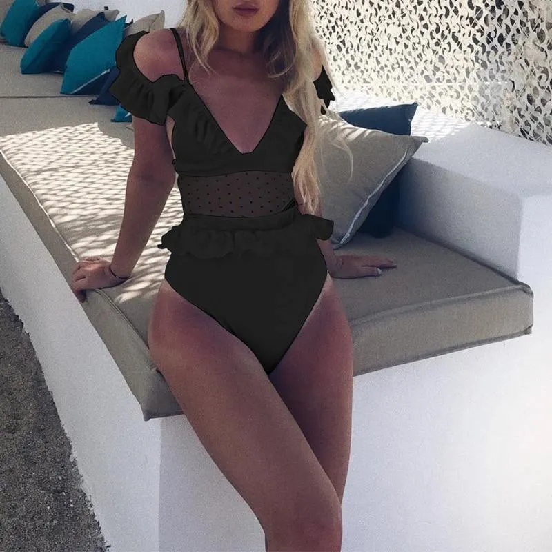 One piece bodysuit female Deep v neck see through bikini playsuit B031