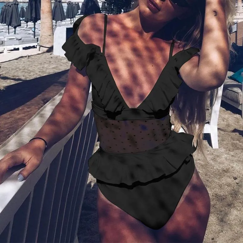 One piece bodysuit female Deep v neck see through bikini playsuit B031