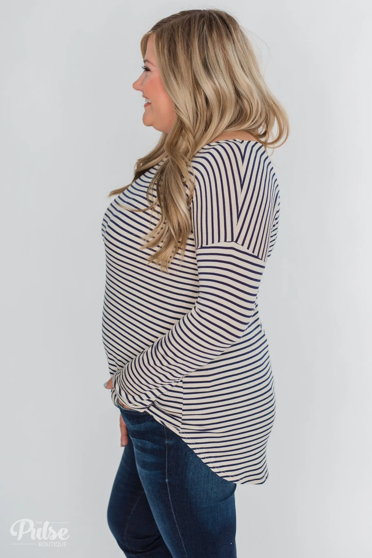 One Shoulder Dolman Striped Top- Beige & Navy
