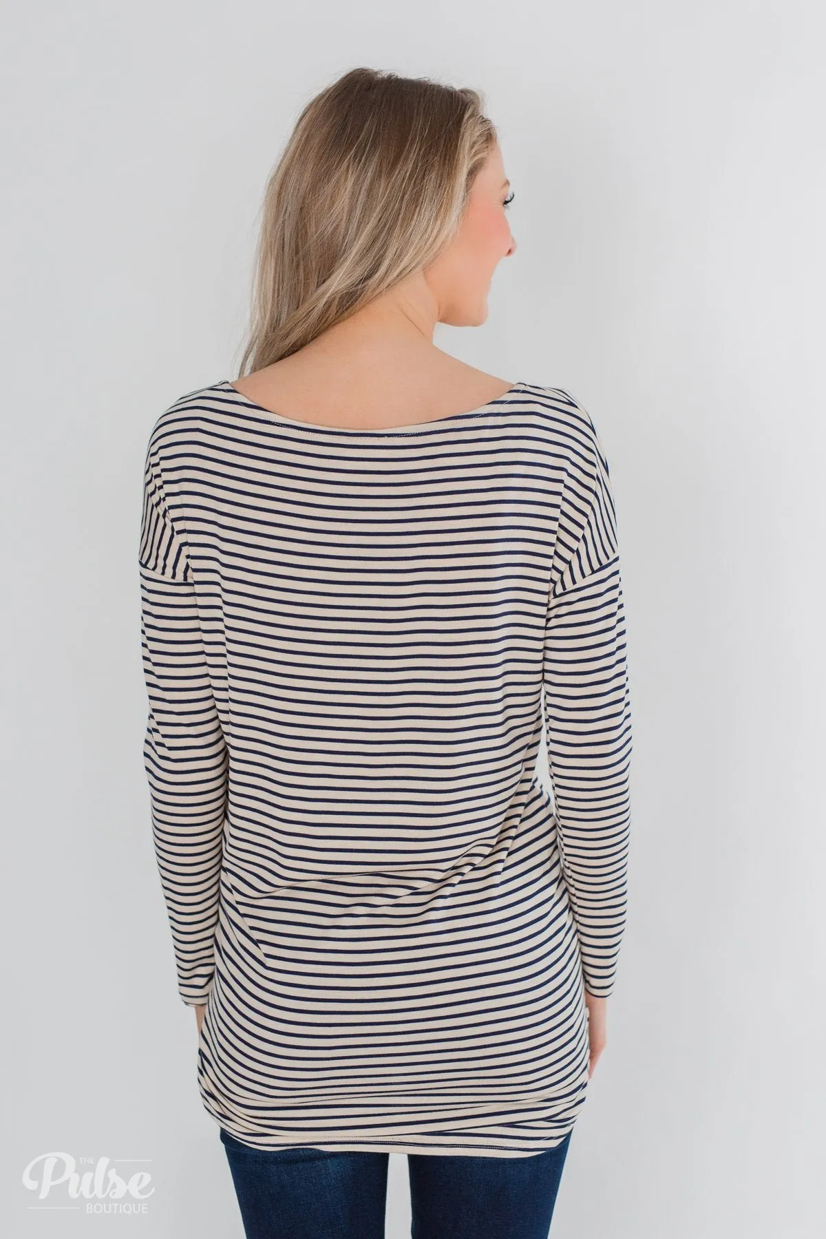 One Shoulder Dolman Striped Top- Beige & Navy