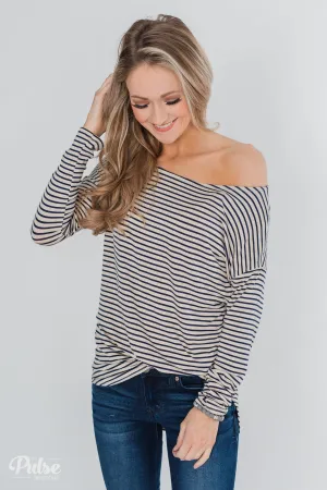 One Shoulder Dolman Striped Top- Beige & Navy
