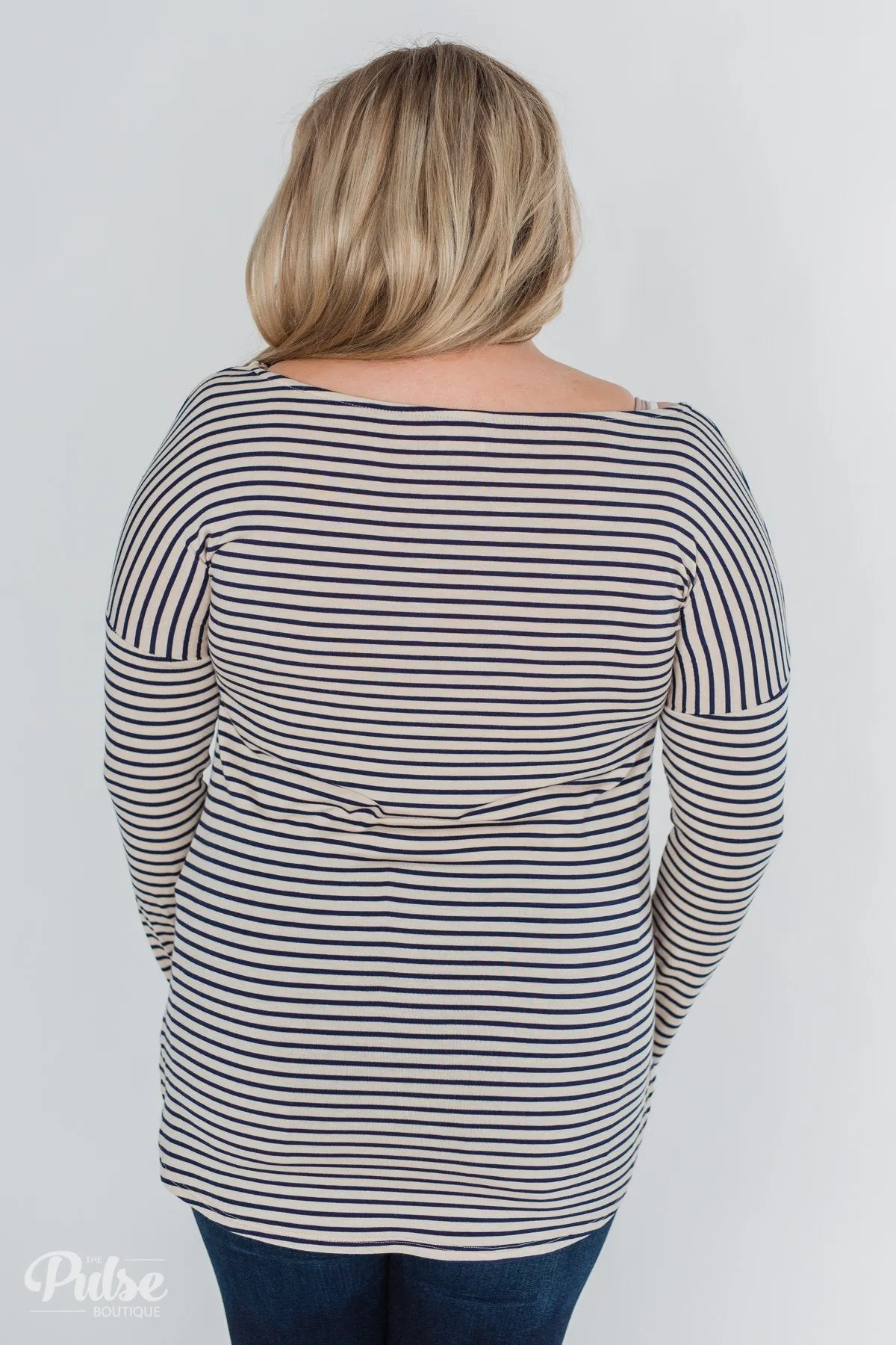 One Shoulder Dolman Striped Top- Beige & Navy