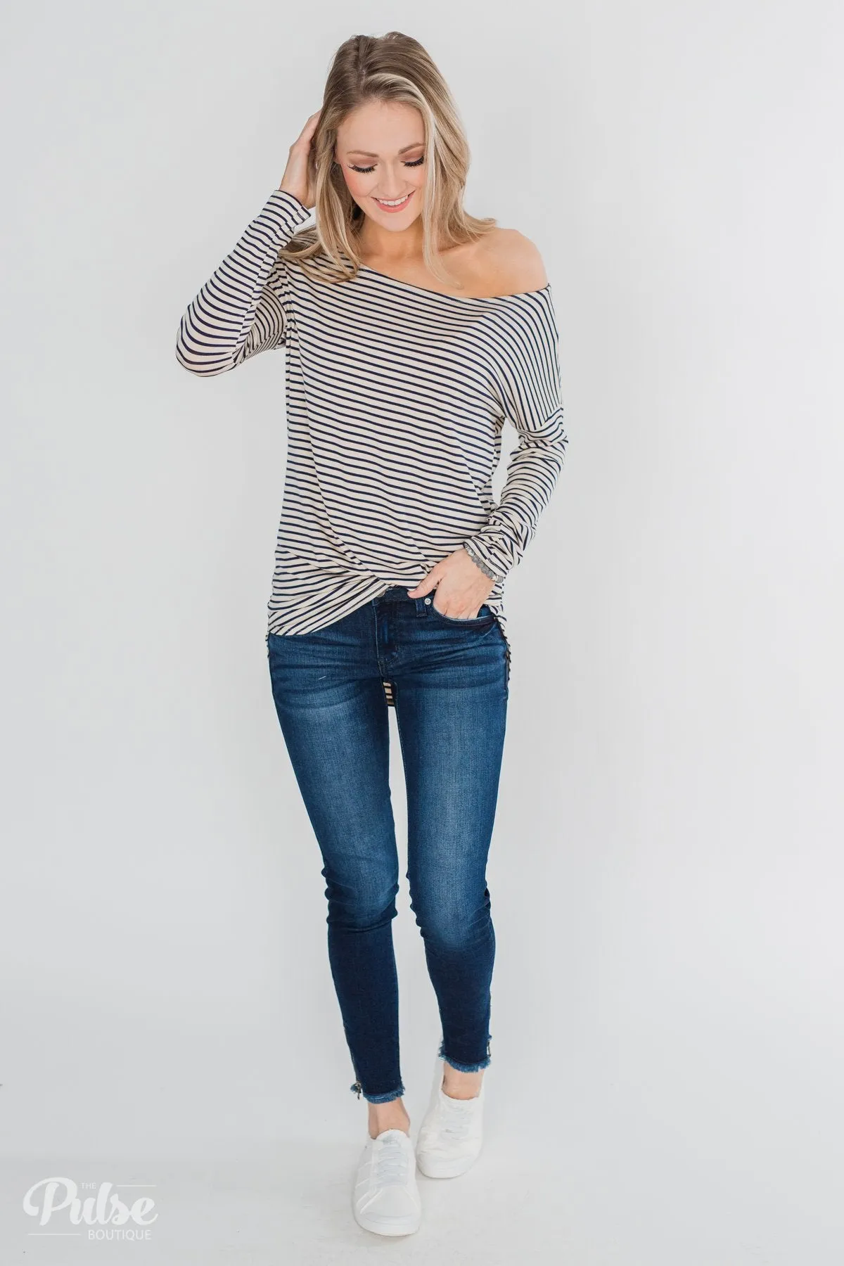 One Shoulder Dolman Striped Top- Beige & Navy
