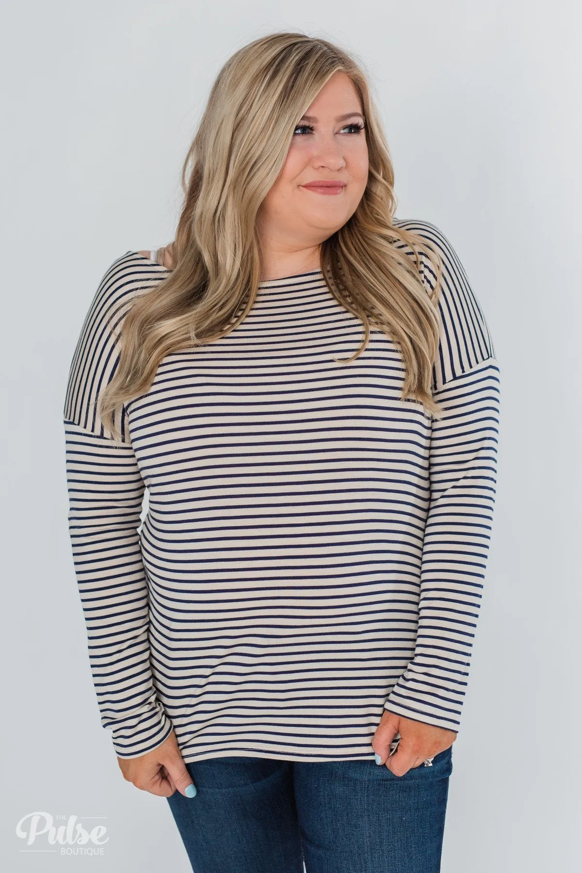 One Shoulder Dolman Striped Top- Beige & Navy
