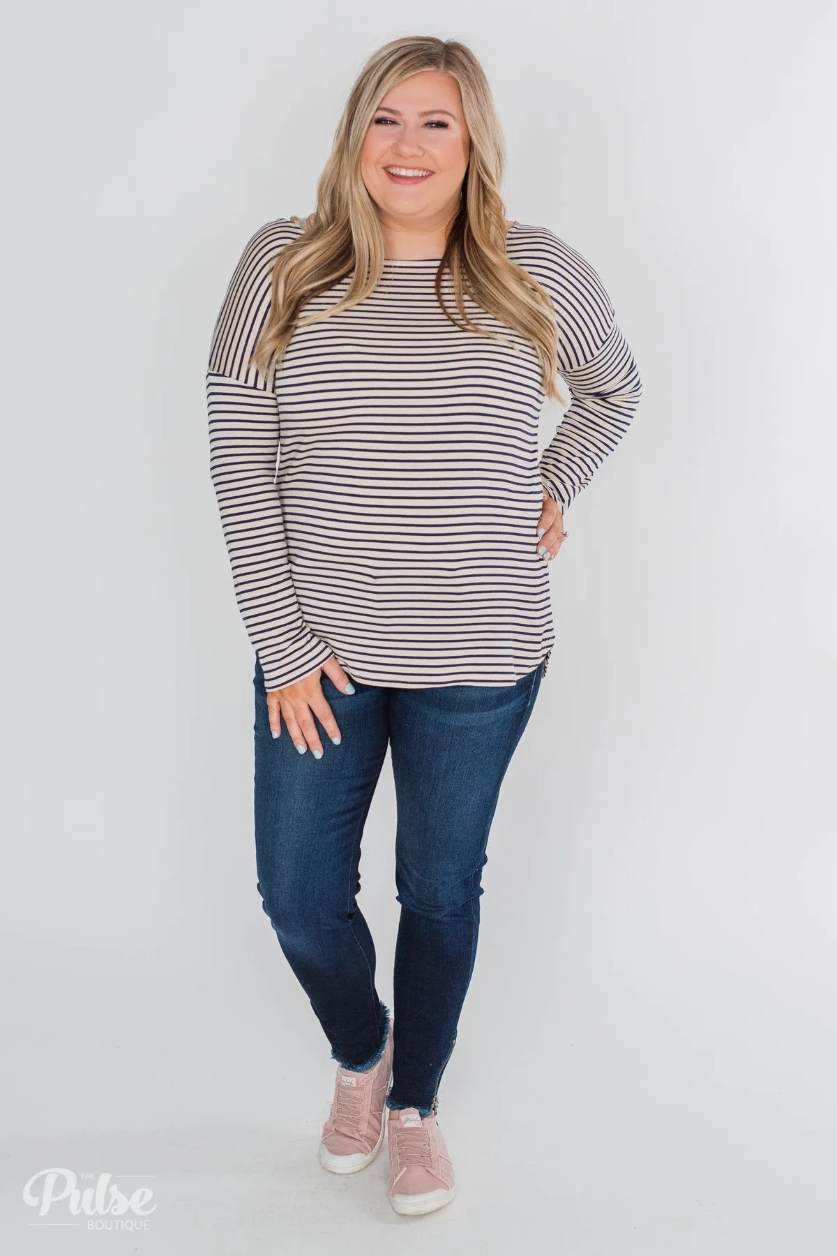One Shoulder Dolman Striped Top- Beige & Navy