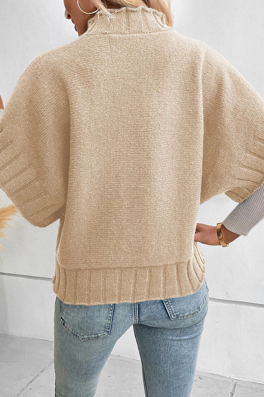 Parchment Mock Neck Batwing Sleeve Knit Sweater
