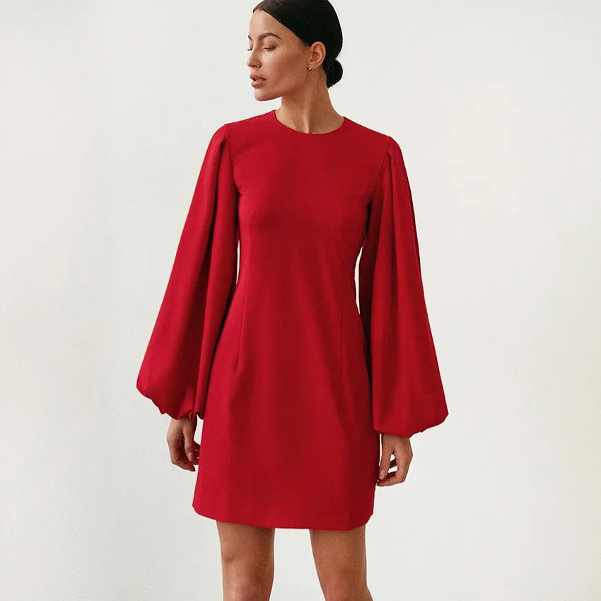 Party Zipper Lantern Sleeve Round Neck Bodycon Mini Dresses