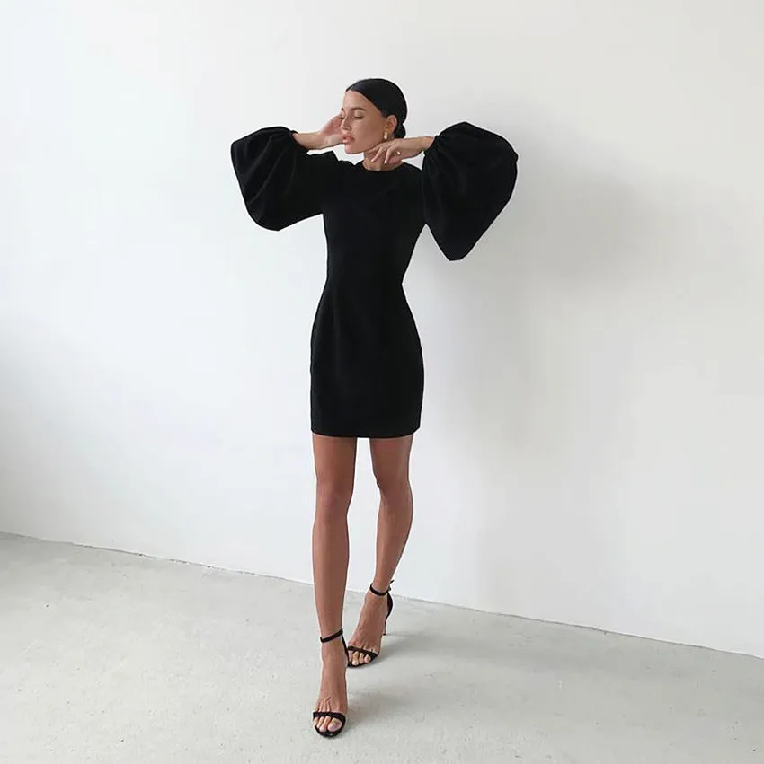 Party Zipper Lantern Sleeve Round Neck Bodycon Mini Dresses