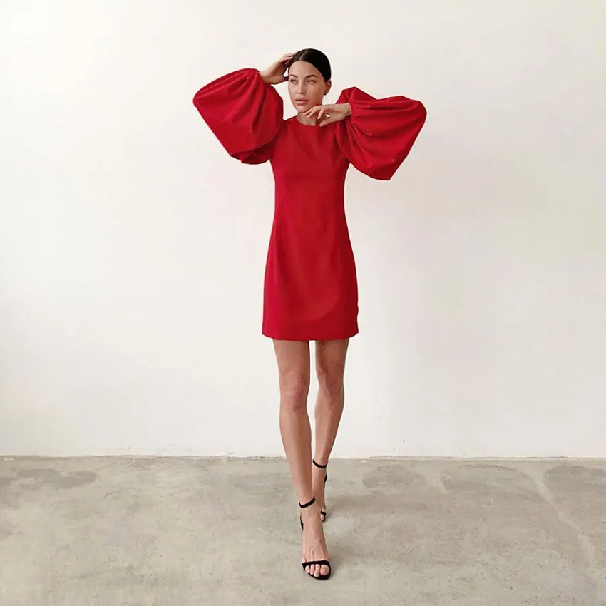 Party Zipper Lantern Sleeve Round Neck Bodycon Mini Dresses