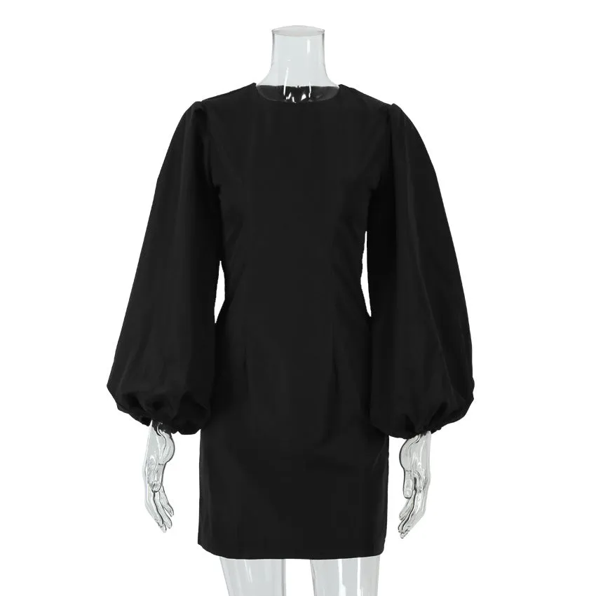 Party Zipper Lantern Sleeve Round Neck Bodycon Mini Dresses