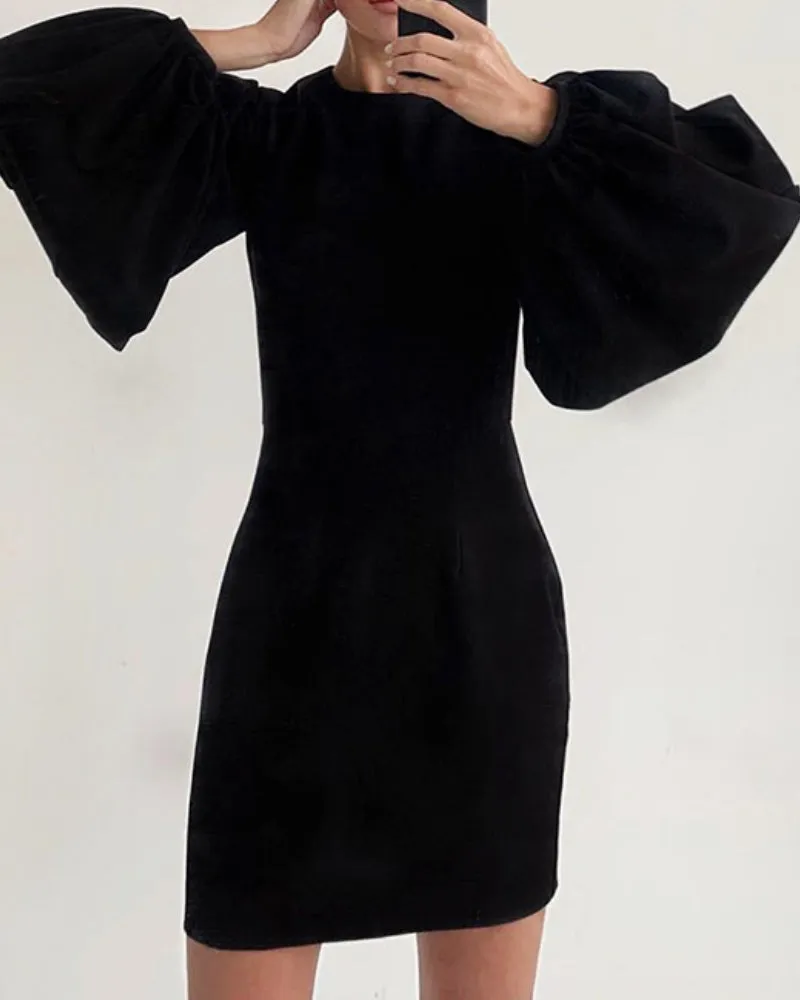 Party Zipper Lantern Sleeve Round Neck Bodycon Mini Dresses