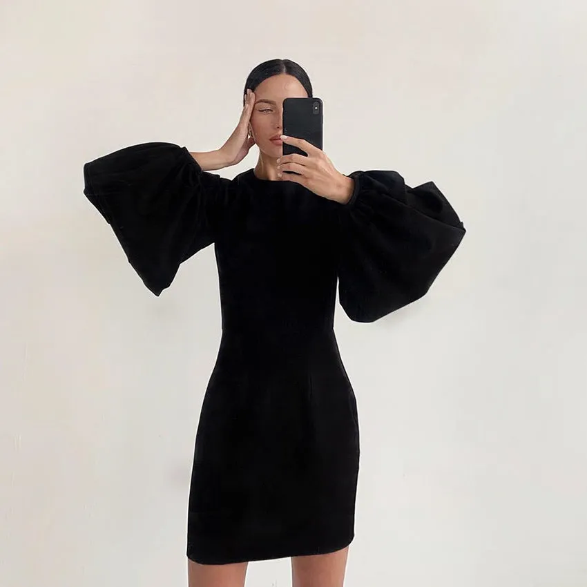 Party Zipper Lantern Sleeve Round Neck Bodycon Mini Dresses