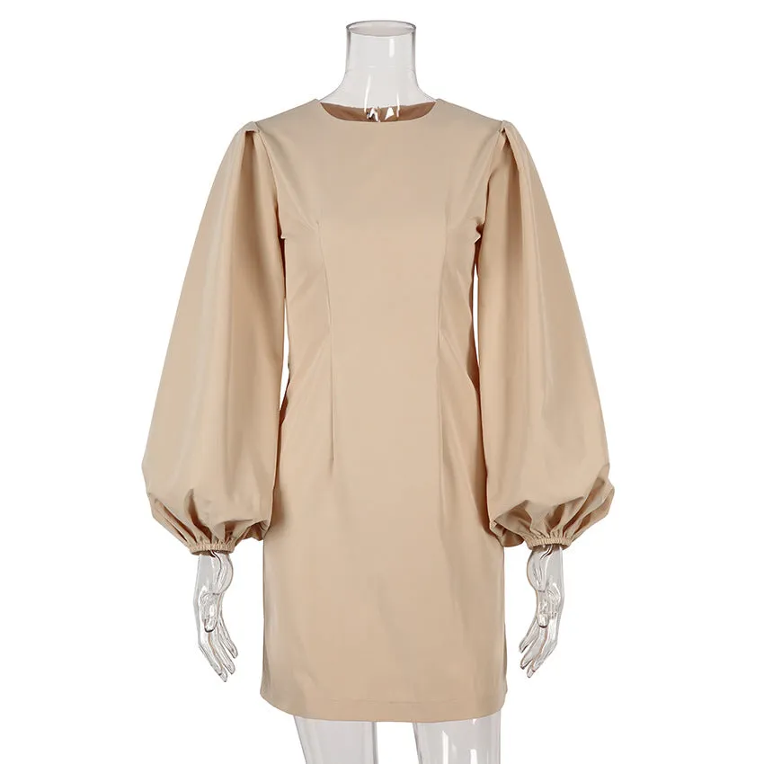 Party Zipper Lantern Sleeve Round Neck Bodycon Mini Dresses