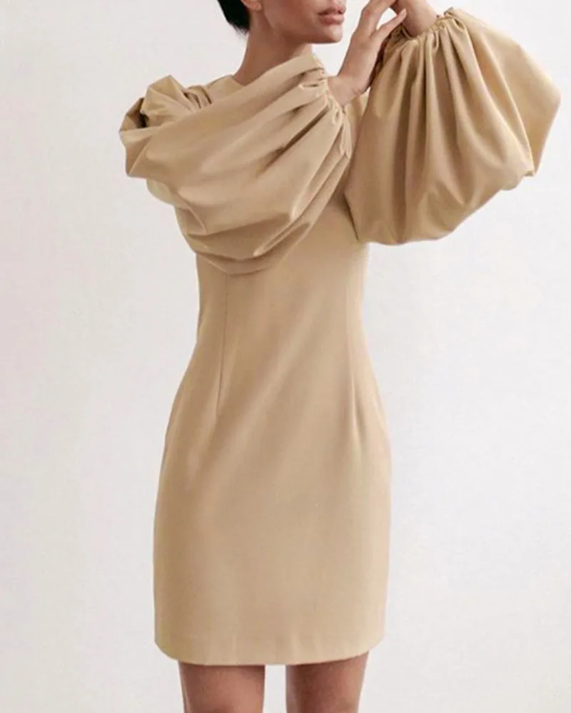 Party Zipper Lantern Sleeve Round Neck Bodycon Mini Dresses