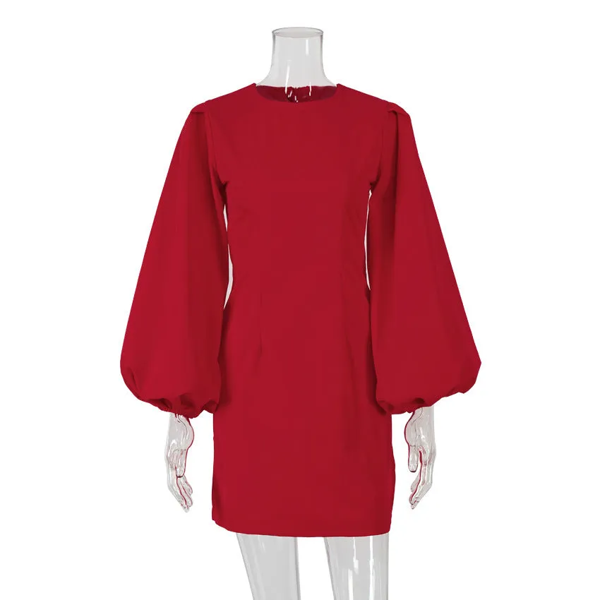 Party Zipper Lantern Sleeve Round Neck Bodycon Mini Dresses