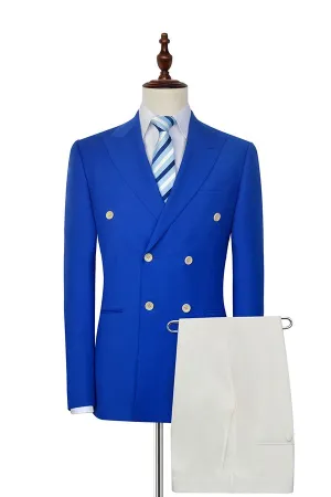 Peak Lapel Royal Blue Double Breasted Mens Suits Six Buttons Custom design Leisure Suits