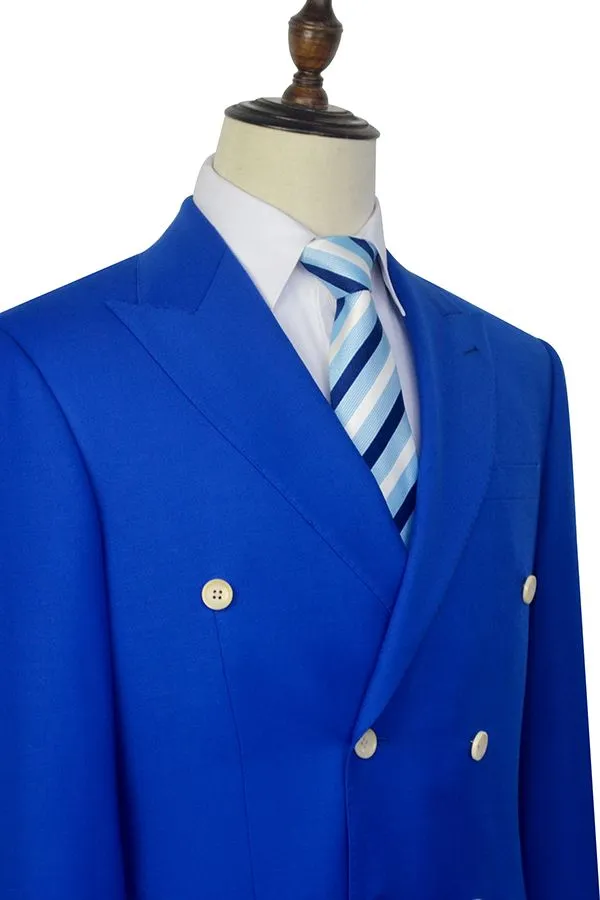Peak Lapel Royal Blue Double Breasted Mens Suits Six Buttons Custom design Leisure Suits