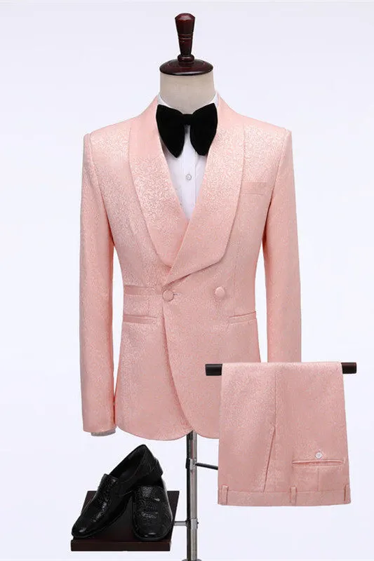 Pink Double Breasted Jacquard shawl Lapel Wedding Men Suits