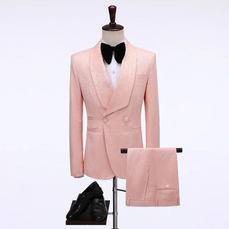 Pink Double Breasted Jacquard shawl Lapel Wedding Men Suits