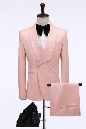 Pink Double Breasted Jacquard shawl Lapel Wedding Men Suits