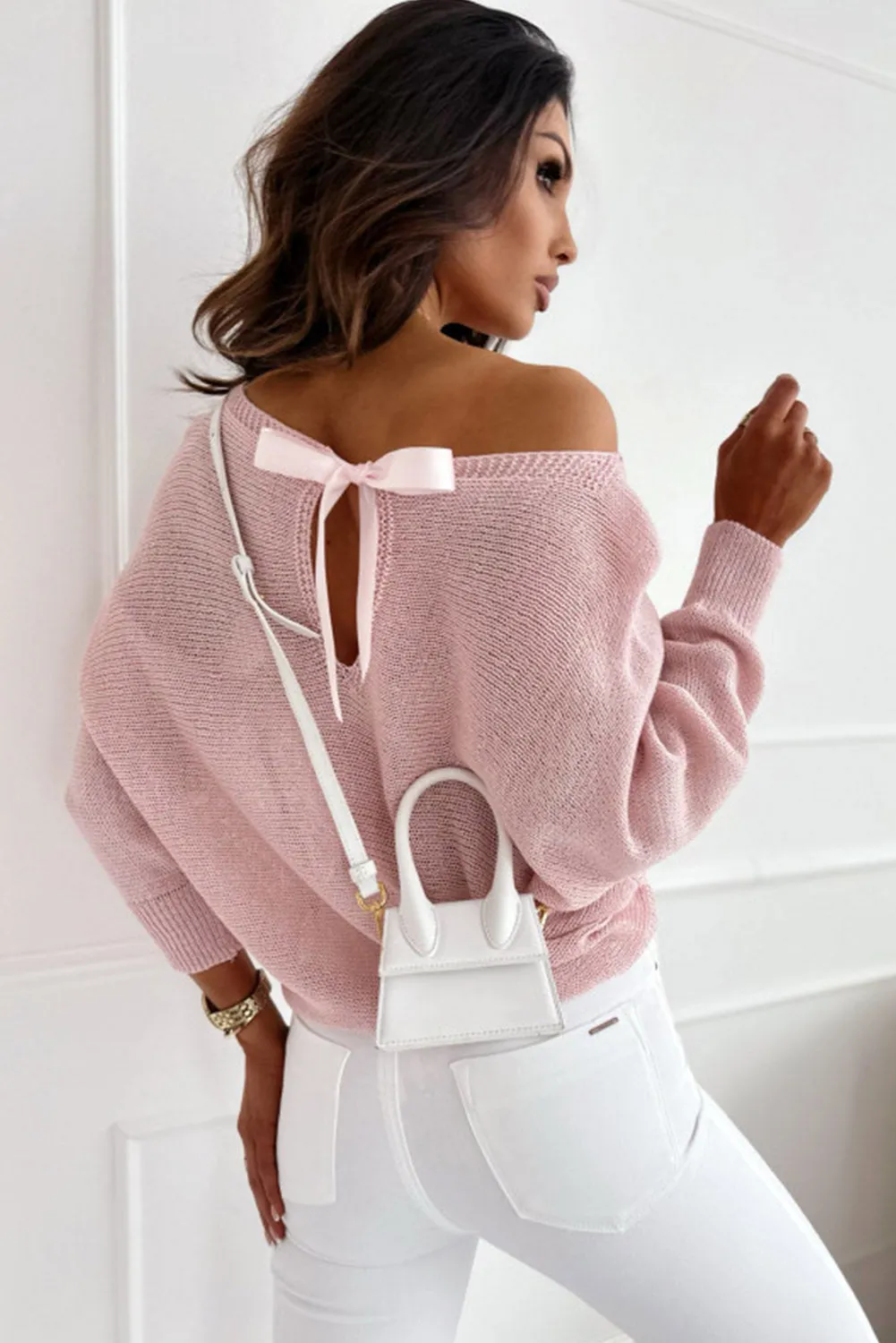 Pink Ribbon Bow Knot Dolman Sleeve Sweater