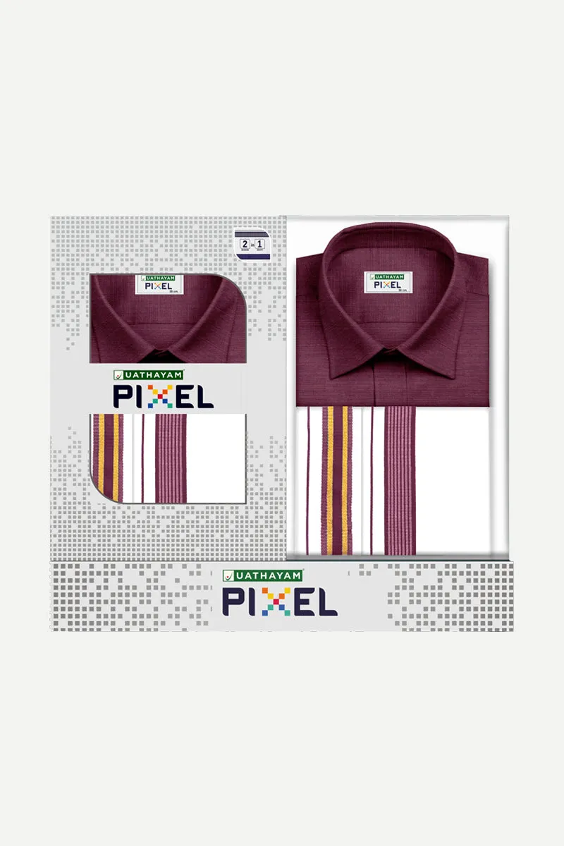 Pixel - Plum Red Matching Shirt and Double Design Fancy Border Dhoti Set For Men | Uathayam