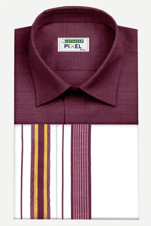 Pixel - Plum Red Matching Shirt and Double Design Fancy Border Dhoti Set For Men | Uathayam