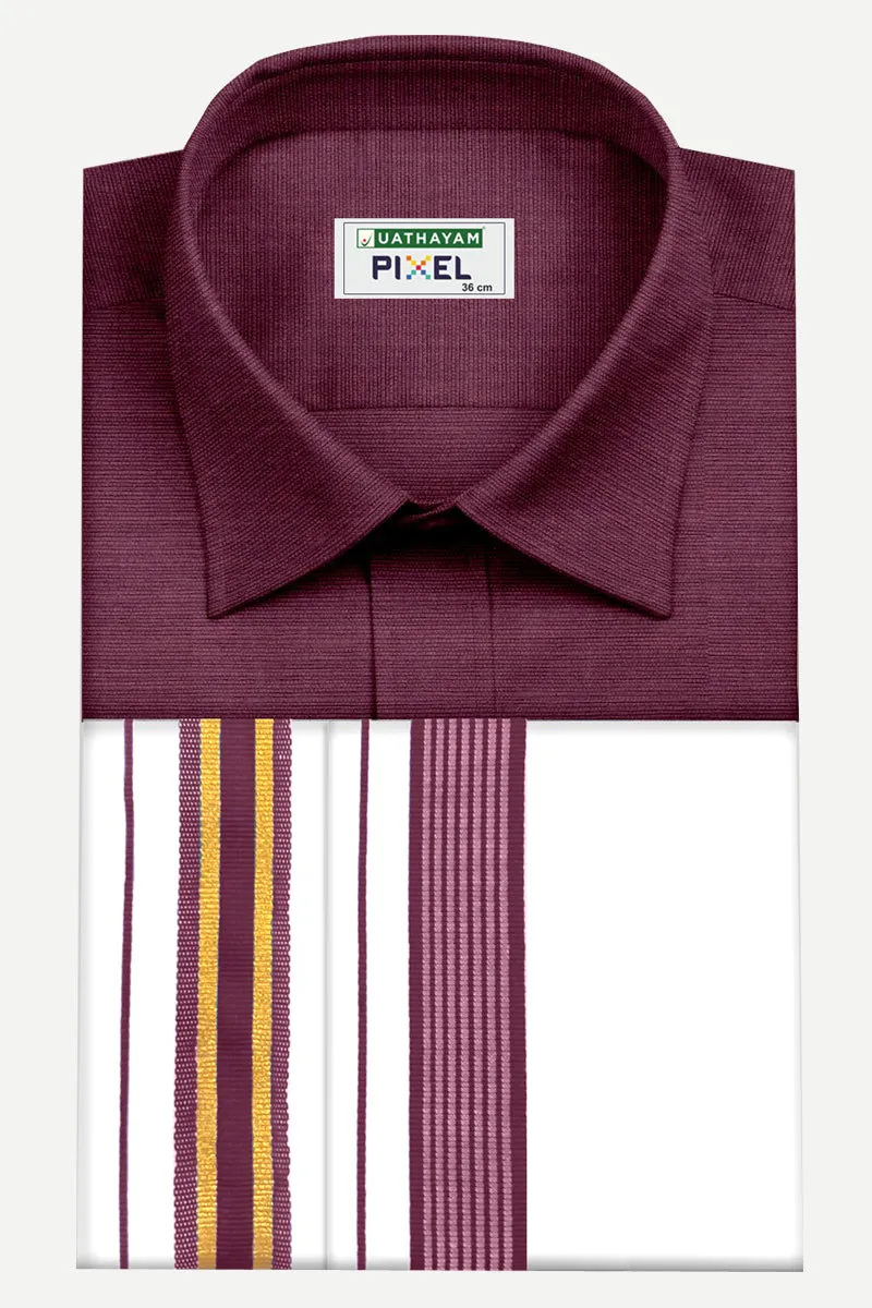 Pixel - Plum Red Matching Shirt and Double Design Fancy Border Dhoti Set For Men | Uathayam