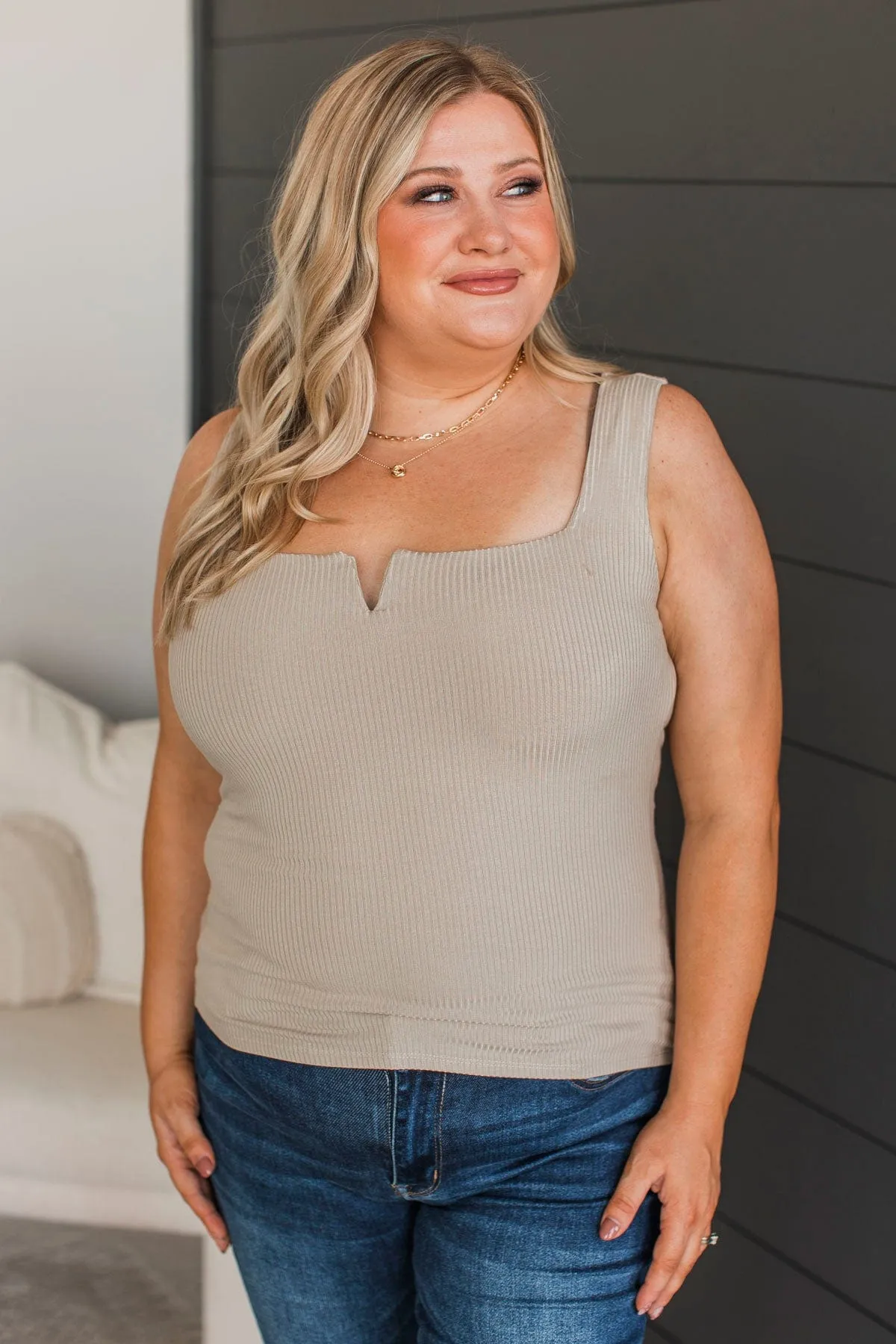 Playing With Style Notched Tank Top- Soft Taupe