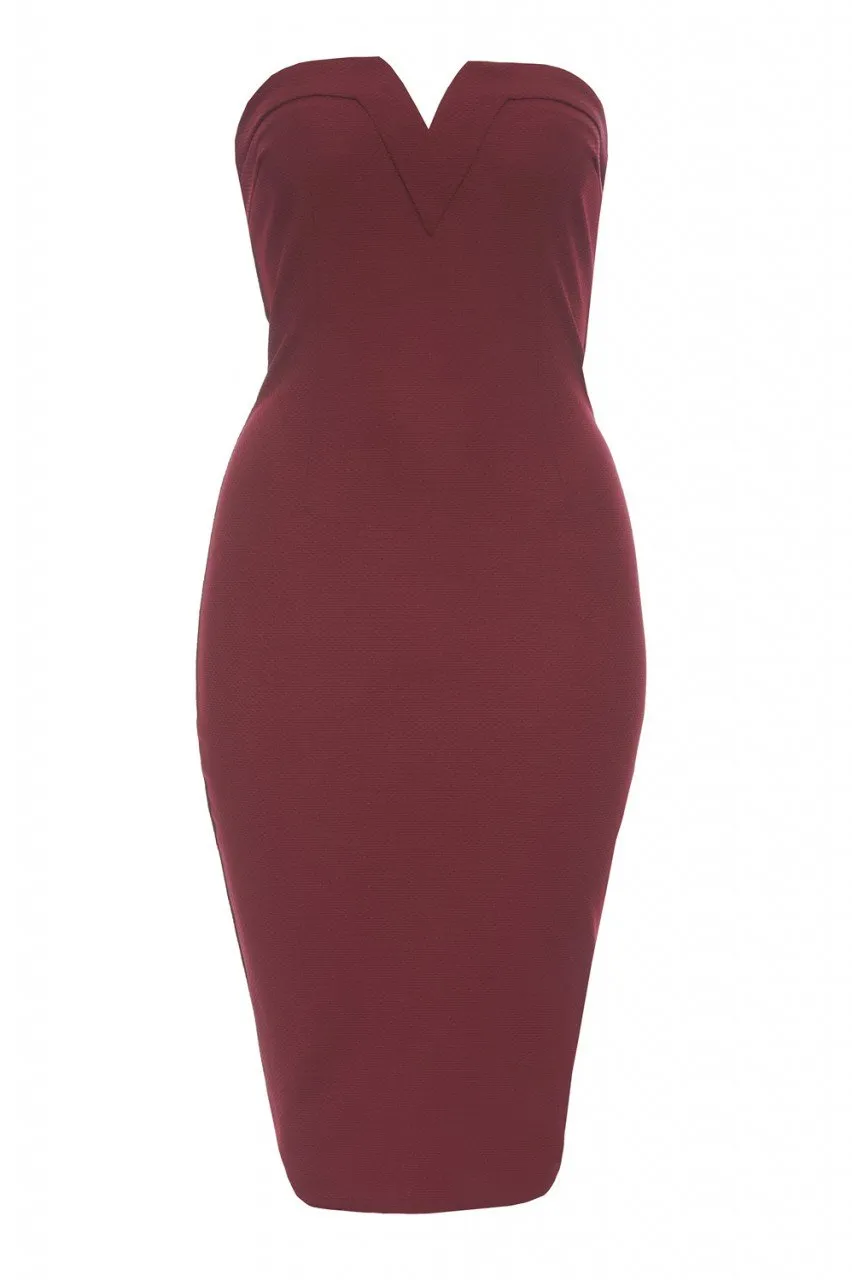 Plunge Front Strapless Midi    Dress