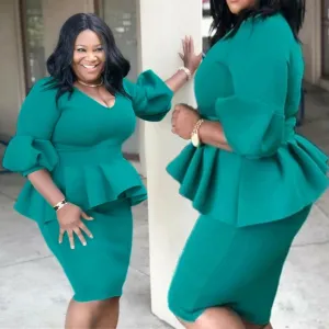 Plus Size Bodycon Ruffle Midi  Dress