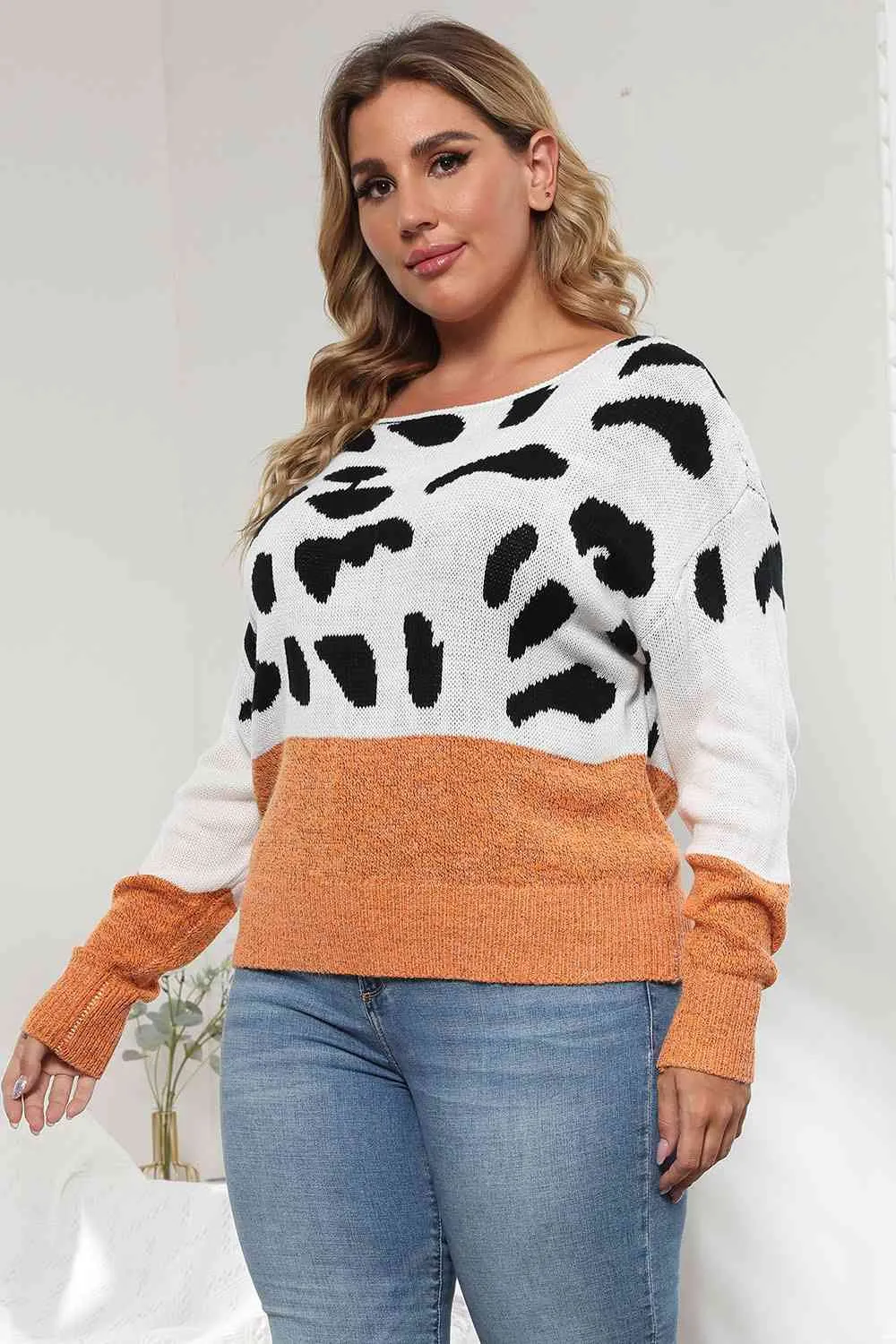 Plus Size Leopard Round Neck Long Sleeve Sweater (3 Colors)