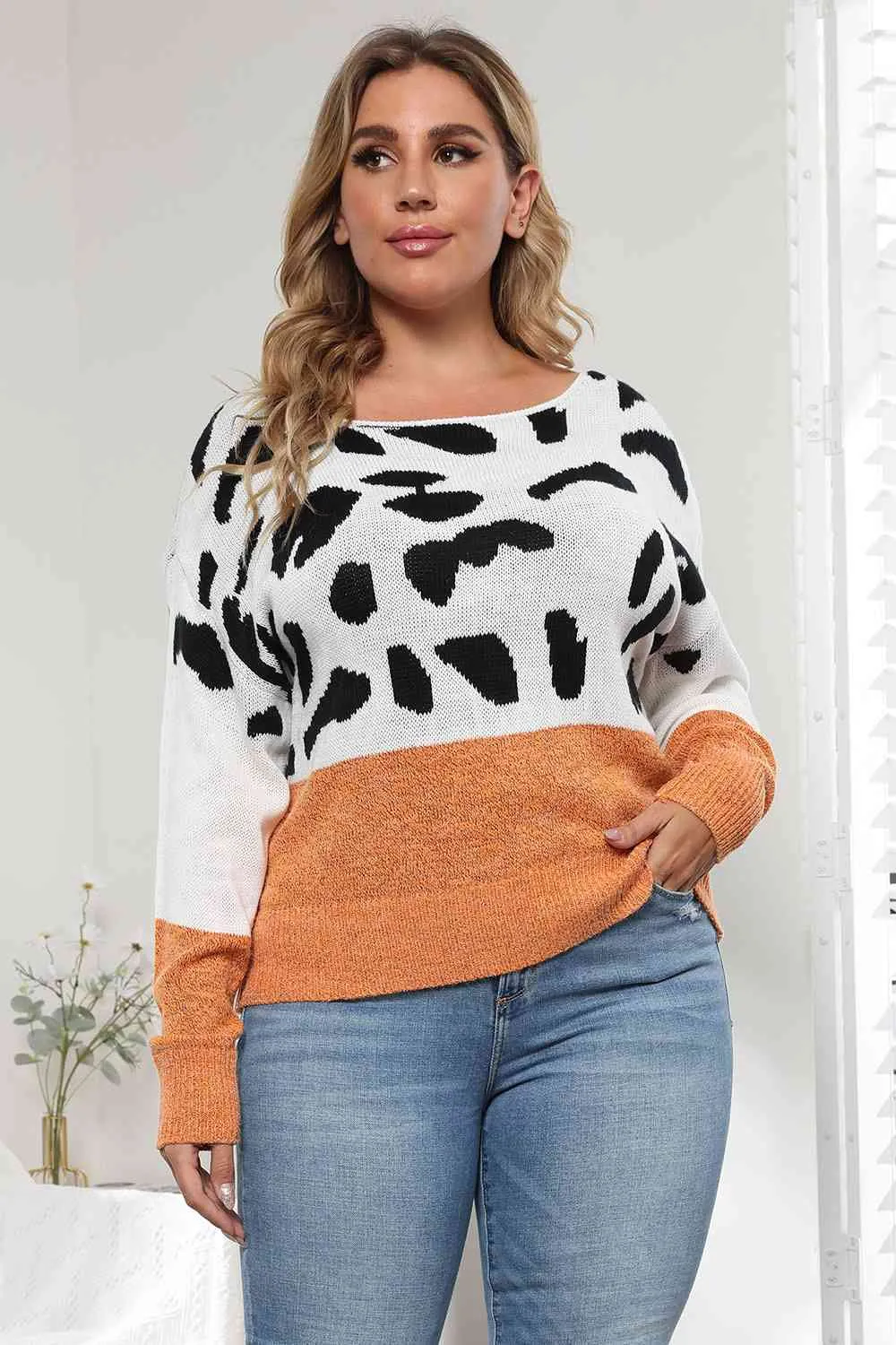 Plus Size Leopard Round Neck Long Sleeve Sweater (3 Colors)
